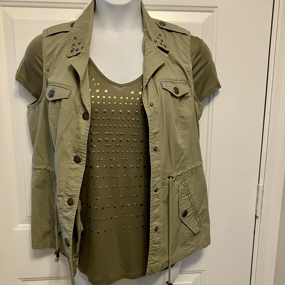 DressBarn Womens Large Sleeveless Olive/Green Utility Vest Roz & Ali T Shirt Top